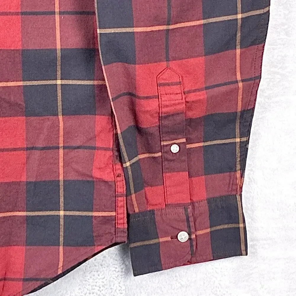 J.Crew Shirt Mens L Red Black Plaid Broken In Oxford Preppy Lumberjack Slim Fit